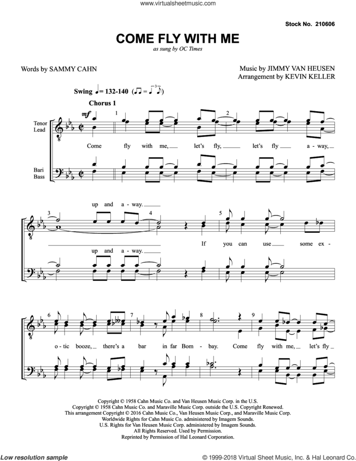 Come Fly with Me (arr. Kevin Keller) sheet music for choir (TTBB: tenor, bass) by OC Times, Kevin Keller, Frank Sinatra, Jimmy van Heusen and Sammy Cahn, intermediate skill level