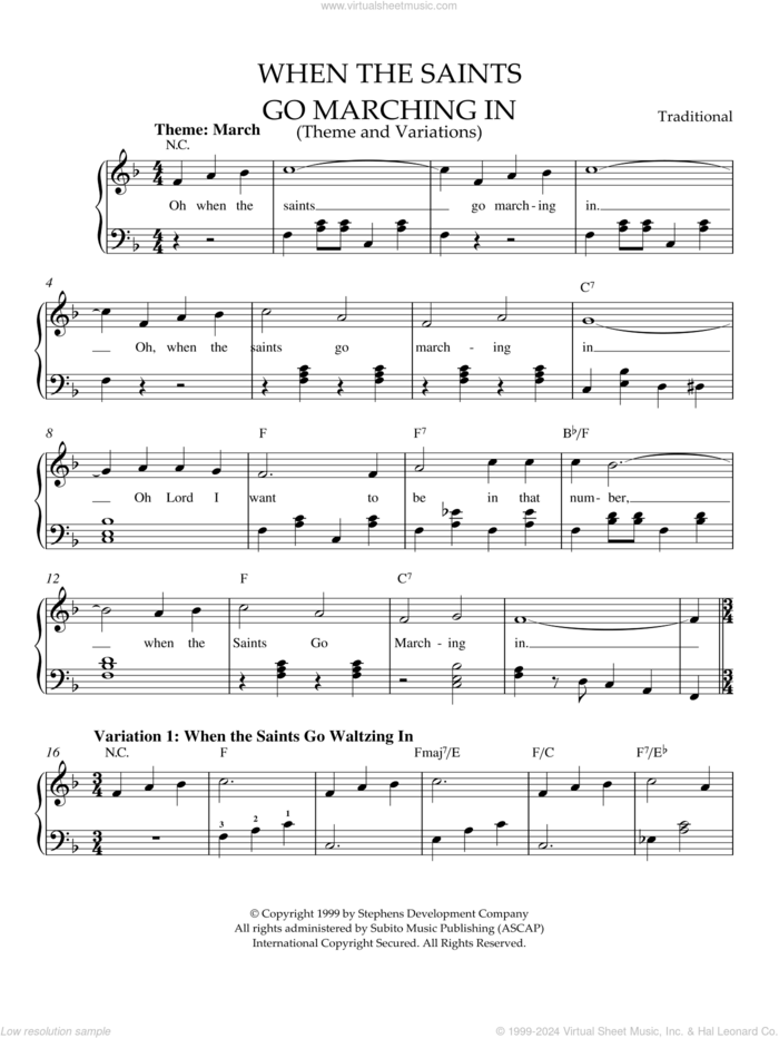 When The Saints Go Marching In (Theme and Variations) sheet music for piano solo, easy skill level