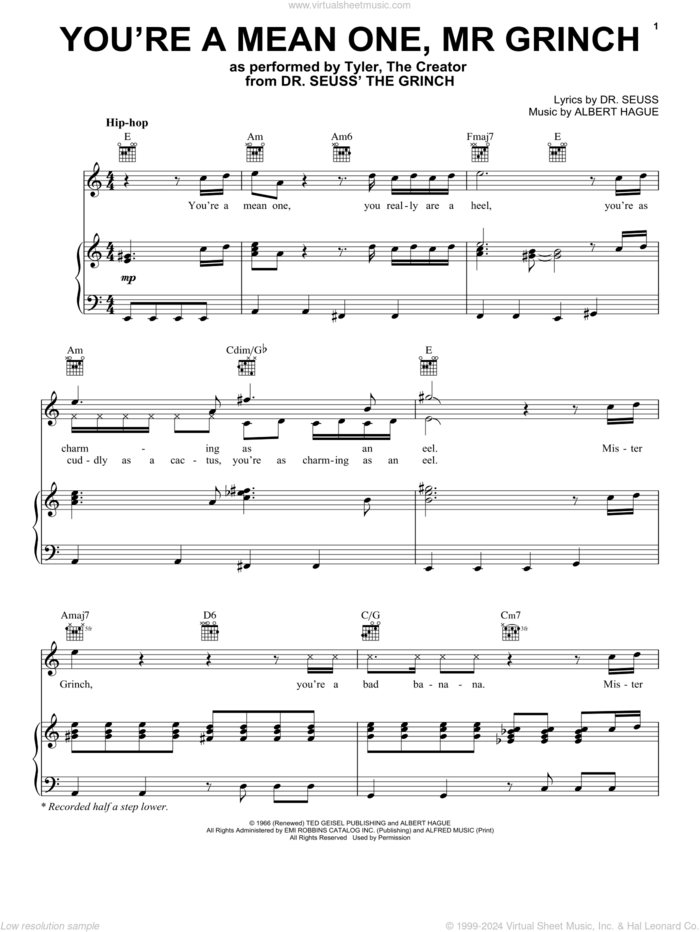 You're A Mean One, Mr. Grinch (from The Grinch) sheet music for voice, piano or guitar by Tyler, The Creator, Danny Elfman, Albert Hague and Dr. Seuss, intermediate skill level