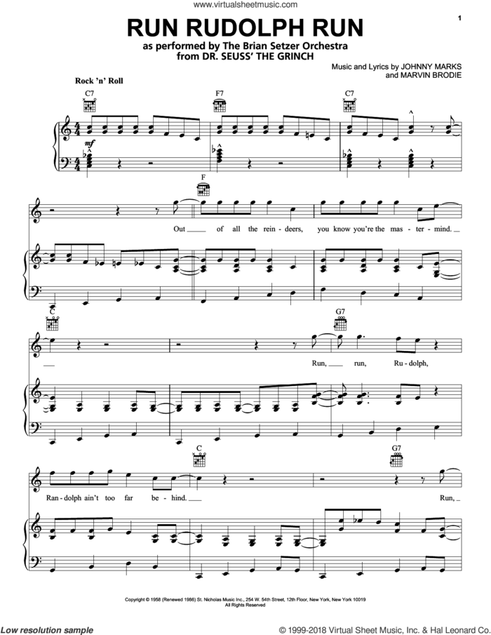 Run Rudolph Run (from The Grinch) sheet music for voice, piano or guitar by Danny Elfman, Brian Setzer, Justin Moore, Tyler, The Creator, Johnny Marks and Marvin Brodie, intermediate skill level