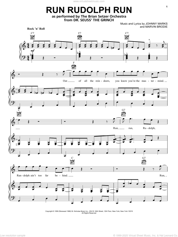 Run Rudolph Run (from The Grinch) sheet music for voice, piano or guitar by Danny Elfman, Brian Setzer, Justin Moore, Tyler, The Creator, Johnny Marks and Marvin Brodie, intermediate skill level