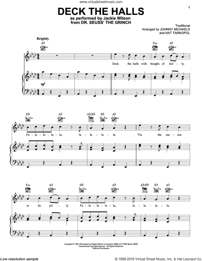 Deck The Hall (from The Grinch) sheet music for voice, piano or guitar by Jackie Wilson, Danny Elfman, Tyler, The Creator, Johnny Michaels (arr.) and Nat Tarnopol (arr.), intermediate skill level