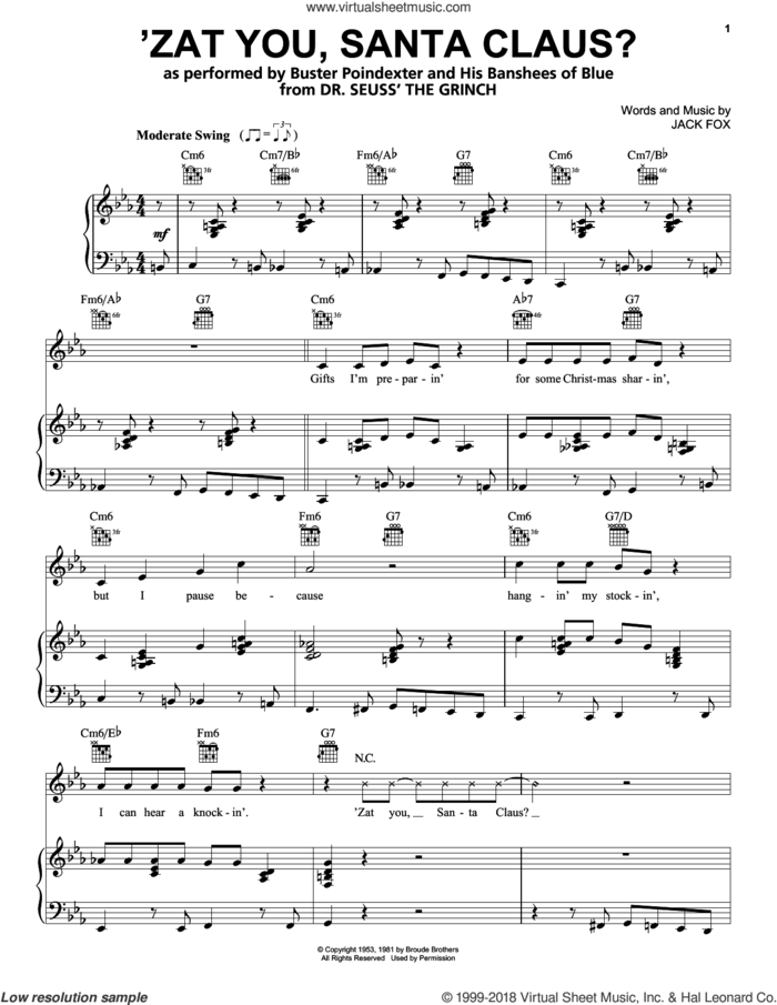 'Zat You, Santa Claus? (from The Grinch) sheet music for voice, piano or guitar by Buster Poindexter and His Banshees of Blue, Garth Brooks, Danny Elfman, Tyler, The Creator and Jack Fox, intermediate skill level