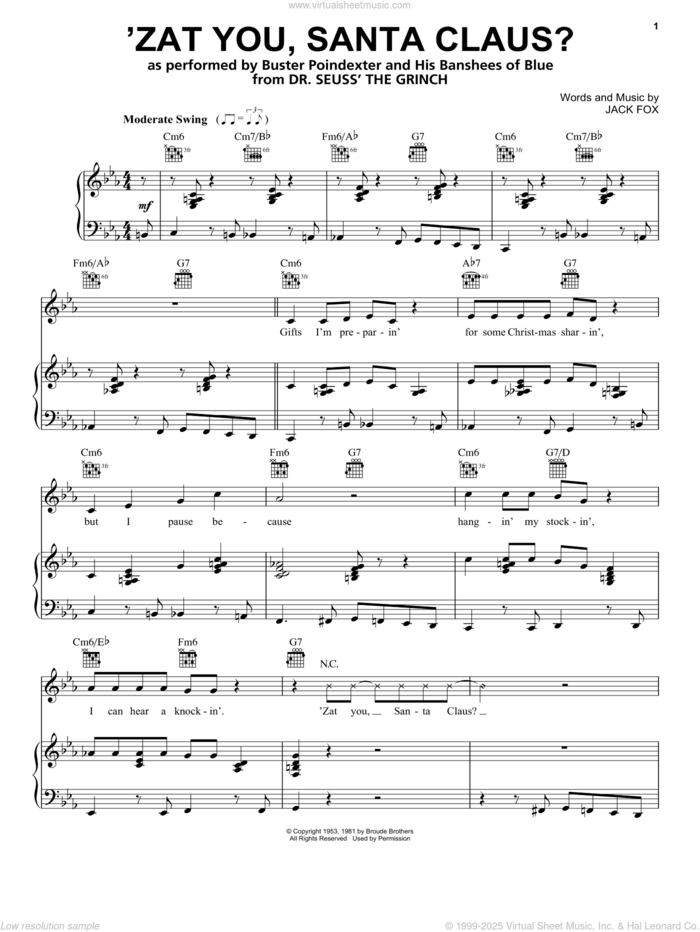 'Zat You, Santa Claus? (from The Grinch) sheet music for voice, piano or guitar by Buster Poindexter and His Banshees of Blue, Garth Brooks, Danny Elfman, Tyler, The Creator and Jack Fox, intermediate skill level