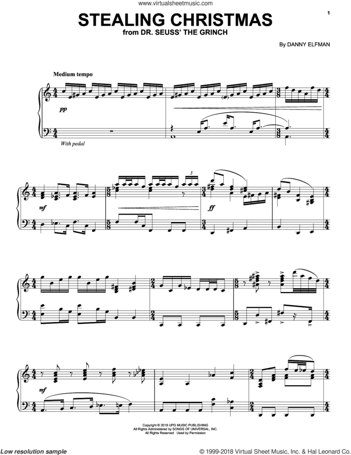 Stealing Christmas (from The Grinch) sheet music for piano solo by Danny Elfman and Tyler, The Creator, intermediate skill level