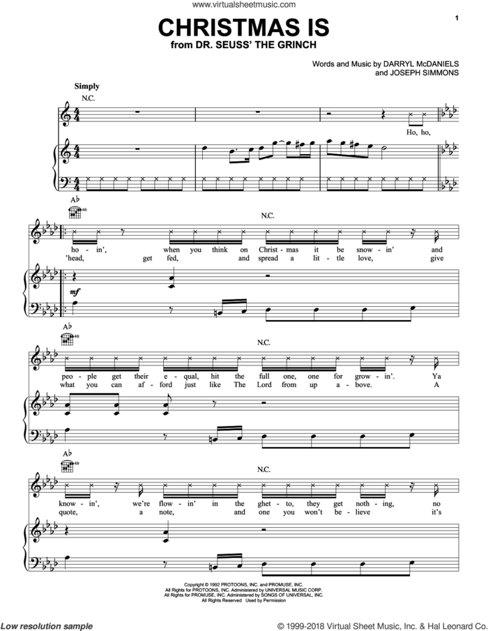 Christmas Is (from The Grinch) sheet music for voice, piano or guitar by Run DMC, Danny Elfman, Tyler, The Creator, Darryl McDaniels and Joseph Simmons, intermediate skill level