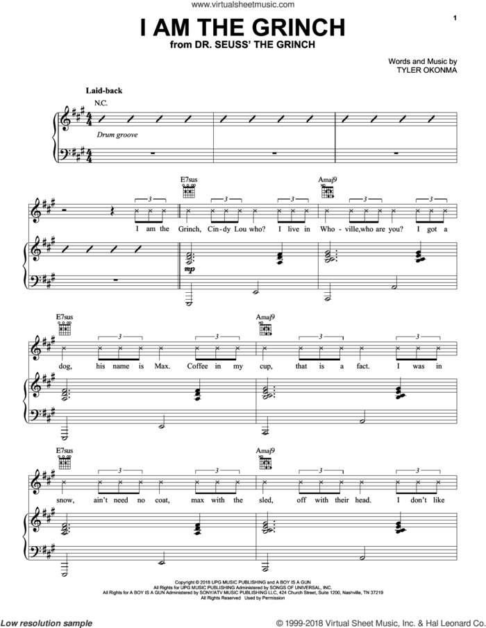 I Am The Grinch (from The Grinch) sheet music for voice and piano by Tyler, The Creator, Danny Elfman and Tyler Okonma, intermediate skill level