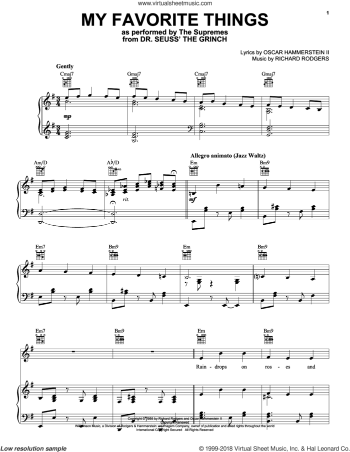 My Favorite Things (from The Grinch) sheet music for voice, piano or guitar by The Supremes, Chicago, Lorrie Morgan, Danny Elfman, Tyler, The Creator, Oscar II Hammerstein and Richard Rodgers, intermediate skill level