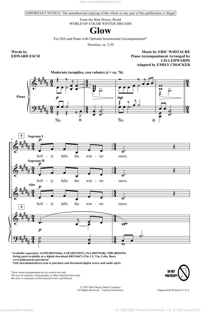 Glow (arr. Emily Crocker) sheet music for choir (SSA: soprano, alto) by Eric Whitacre and Emily Crocker, intermediate skill level