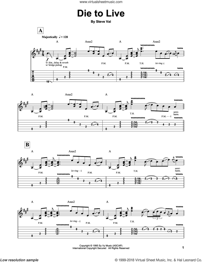 Die To Live sheet music for guitar (tablature, play-along) by Steve Vai, intermediate skill level