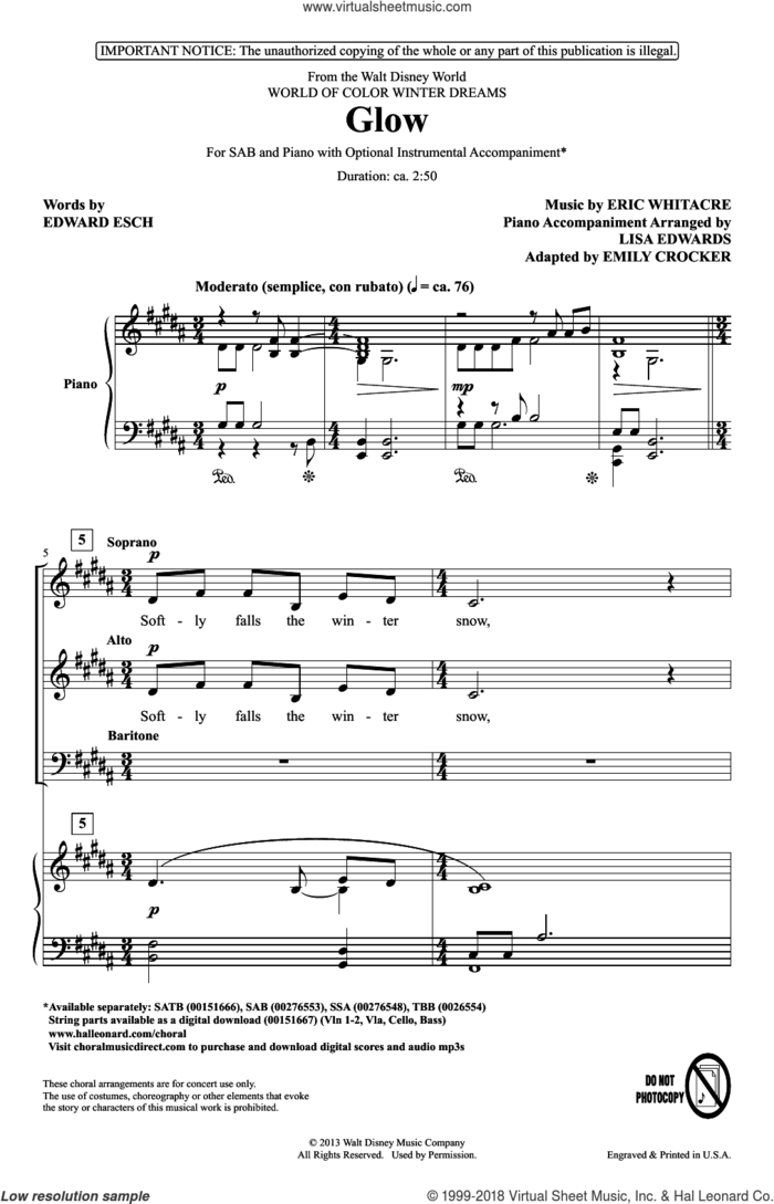 Glow (arr. Emily Crocker) sheet music for choir (SAB: soprano, alto, bass) by Eric Whitacre and Emily Crocker, intermediate skill level