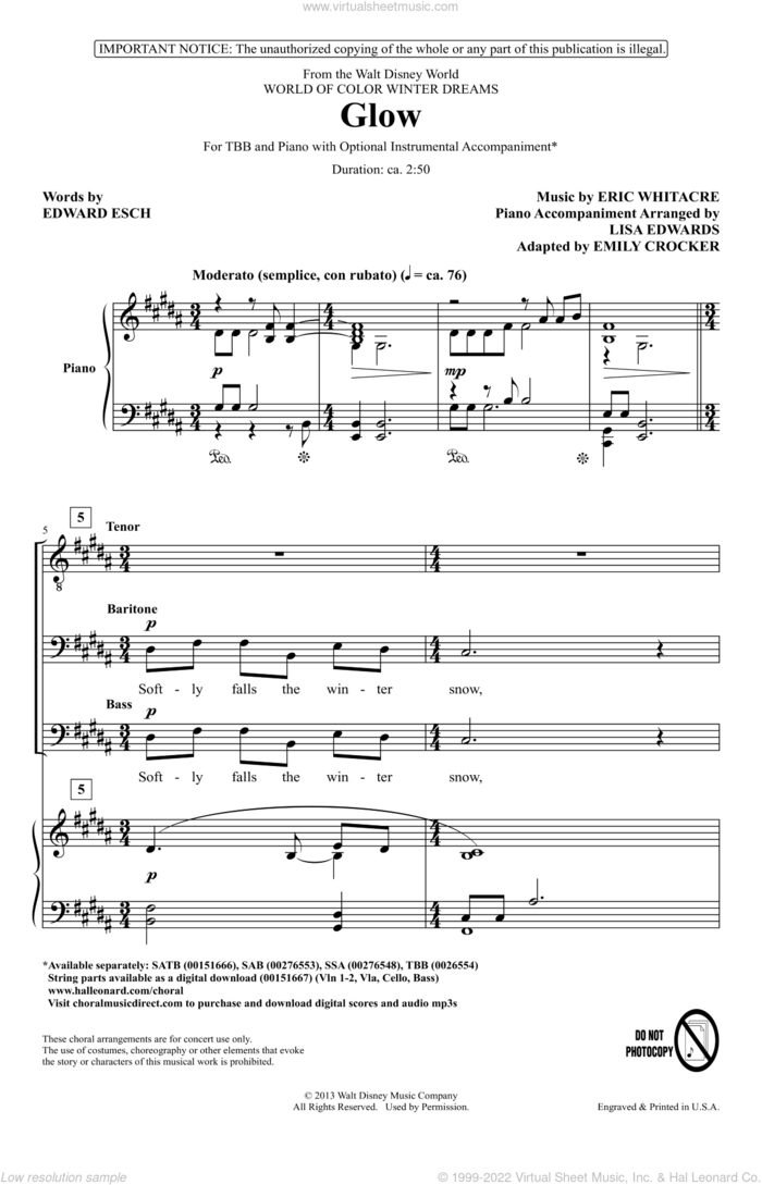 Glow (arr. Emily Crocker) sheet music for choir (TBB: tenor, bass) by Eric Whitacre and Emily Crocker, intermediate skill level