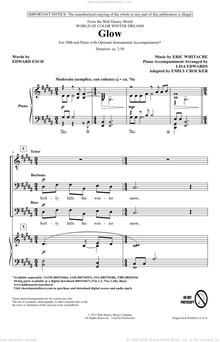 Glow (arr. Emily Crocker) sheet music for choir (TBB: tenor, bass) by Eric Whitacre and Emily Crocker, intermediate skill level