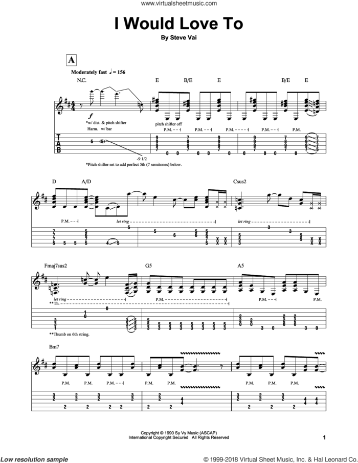 I Would Love To sheet music for guitar (tablature, play-along) by Steve Vai, intermediate skill level