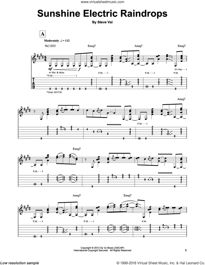 Sunshine Electric Raindrops sheet music for guitar (tablature, play-along) by Steve Vai, intermediate skill level