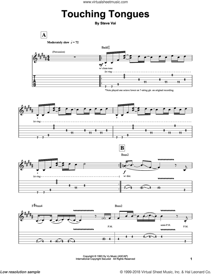 Touching Tongues sheet music for guitar (tablature, play-along) by Steve Vai, intermediate skill level