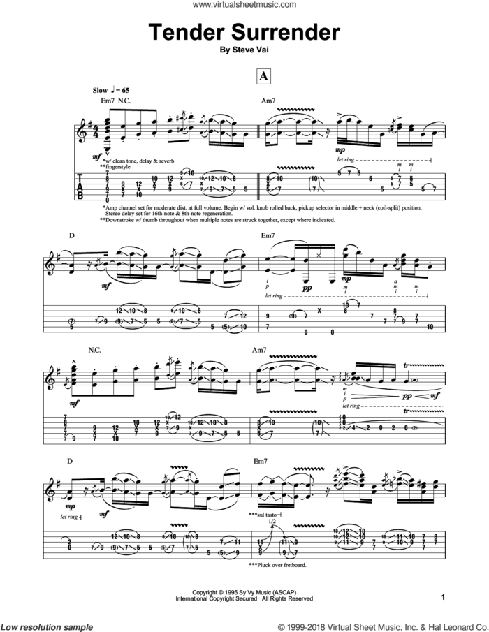 Tender Surrender sheet music for guitar (tablature, play-along) by Steve Vai, intermediate skill level