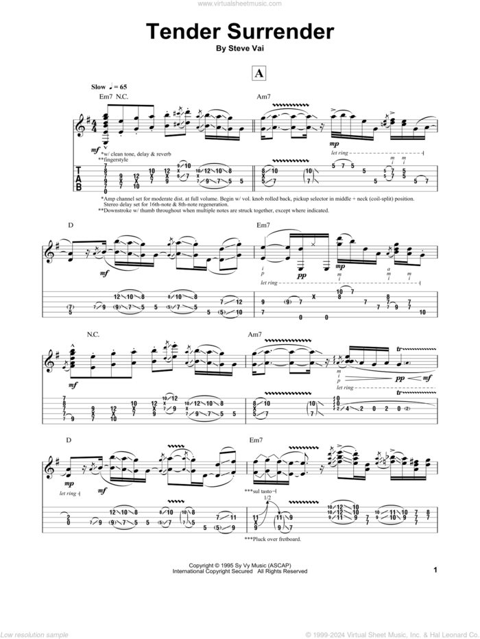 Tender Surrender sheet music for guitar (tablature, play-along) by Steve Vai, intermediate skill level