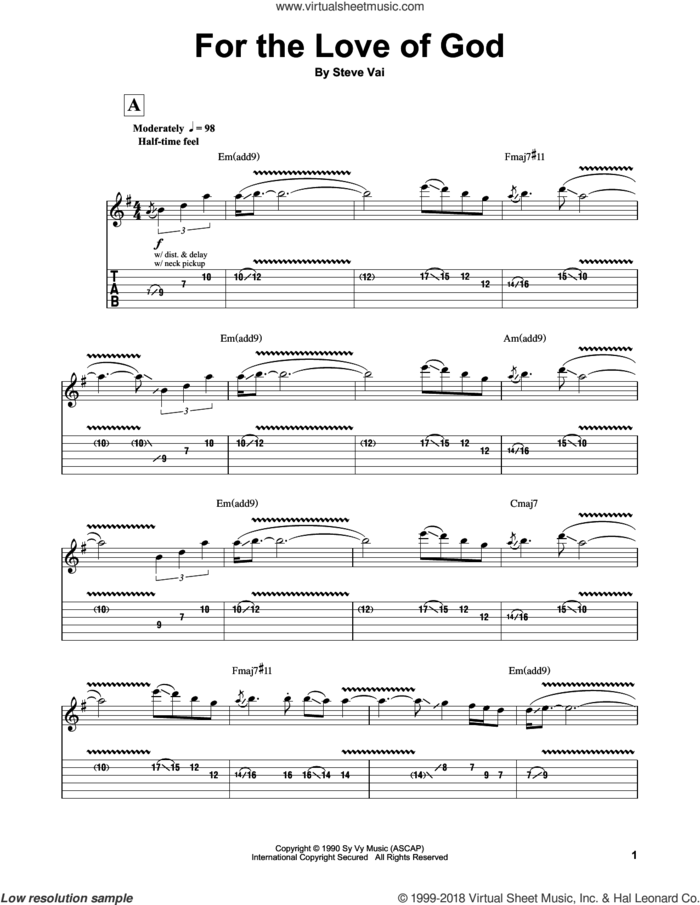 For The Love Of God sheet music for guitar (tablature, play-along) by Steve Vai, intermediate skill level
