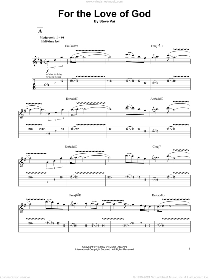 For The Love Of God sheet music for guitar (tablature, play-along) by Steve Vai, intermediate skill level