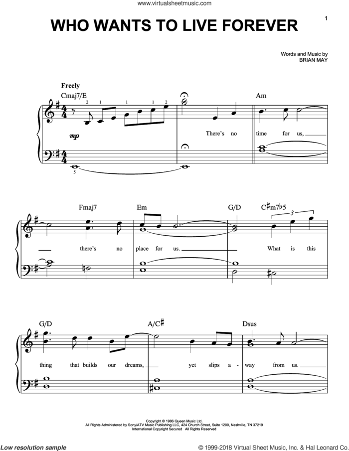 Who Wants To Live Forever, (easy) sheet music for piano solo by Queen, Freddie Mercury and Brian May, easy skill level