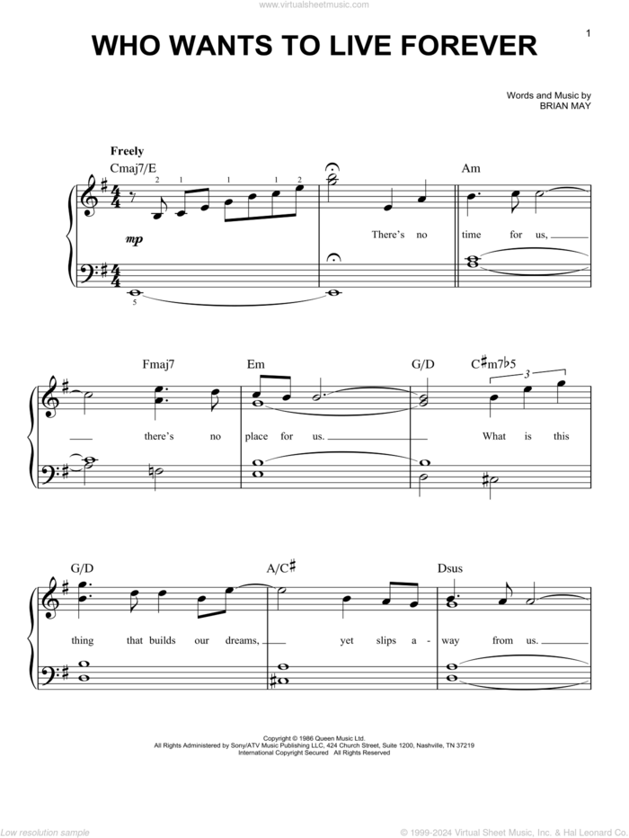 Who Wants To Live Forever, (easy) sheet music for piano solo by Queen, Freddie Mercury and Brian May, easy skill level