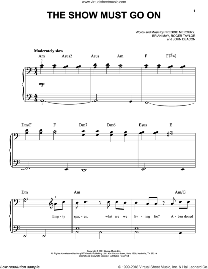 The Show Must Go On, (easy) sheet music for piano solo by Queen, Brian May, Freddie Mercury, John Deacon and Roger Taylor, easy skill level