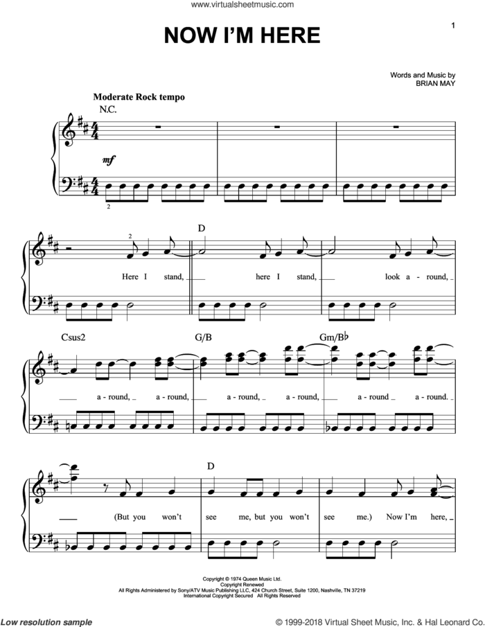 Now I'm Here sheet music for piano solo by Queen, Freddie Mercury and Brian May, easy skill level