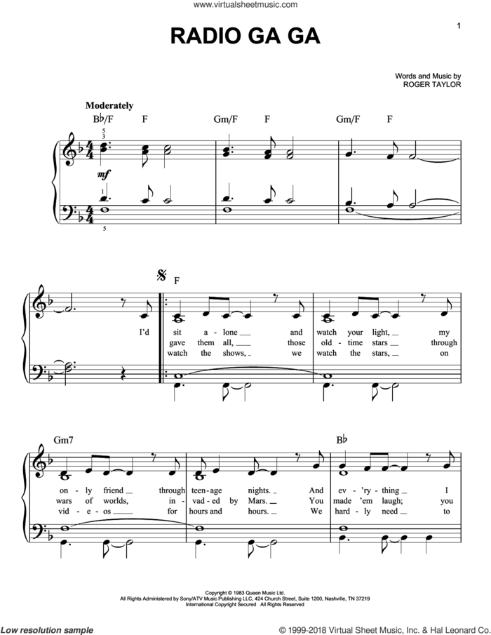 Radio Ga Ga, (easy) sheet music for piano solo by Queen, Freddie Mercury and Roger Taylor, easy skill level