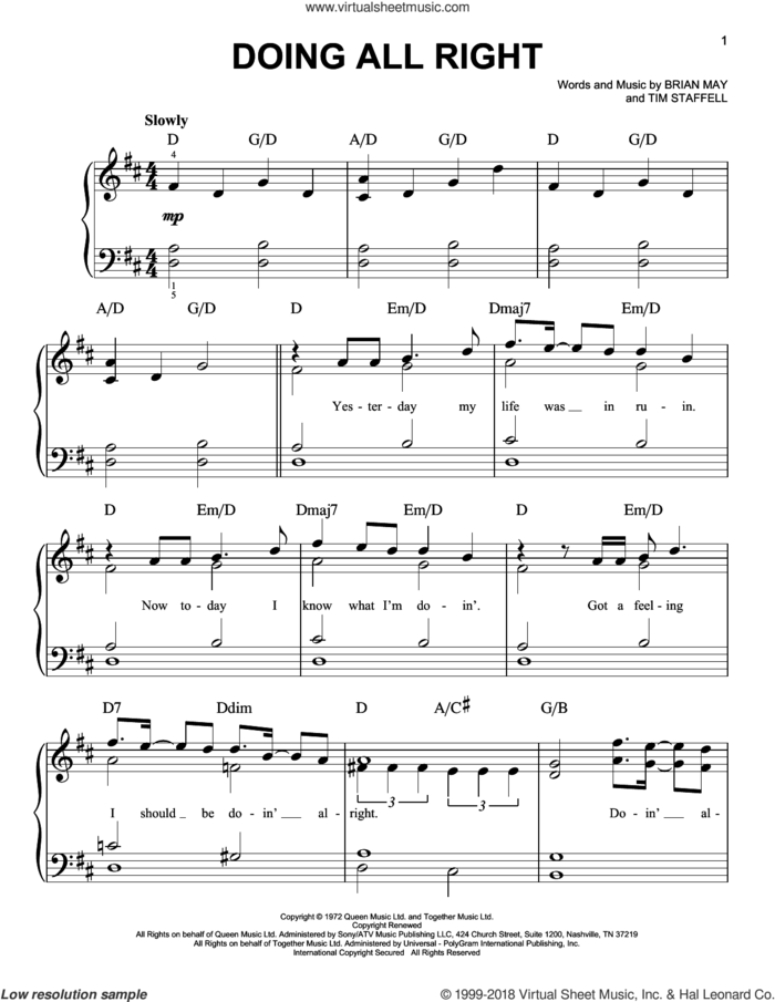 Doing All Right sheet music for piano solo by Queen, Freddie Mercury, Brian May and Tim Staffell, easy skill level