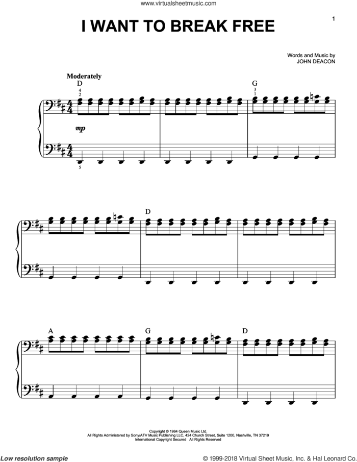 I Want To Break Free, (easy) sheet music for piano solo by Queen, Freddie Mercury and John Deacon, easy skill level