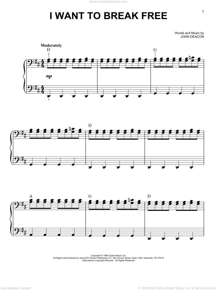 I Want To Break Free, (easy) sheet music for piano solo by Queen, Freddie Mercury and John Deacon, easy skill level