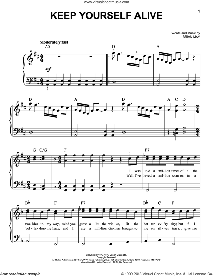 Keep Yourself Alive sheet music for piano solo by Queen, Freddie Mercury and Brian May, easy skill level