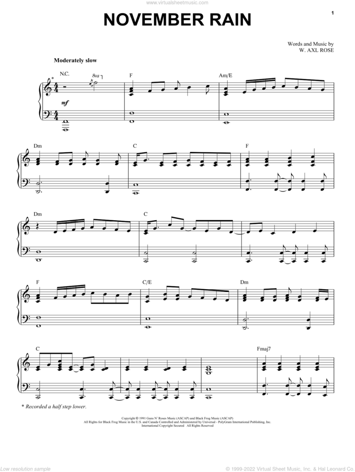 November Rain sheet music for voice and piano by Guns N' Roses and Axl Rose, intermediate skill level