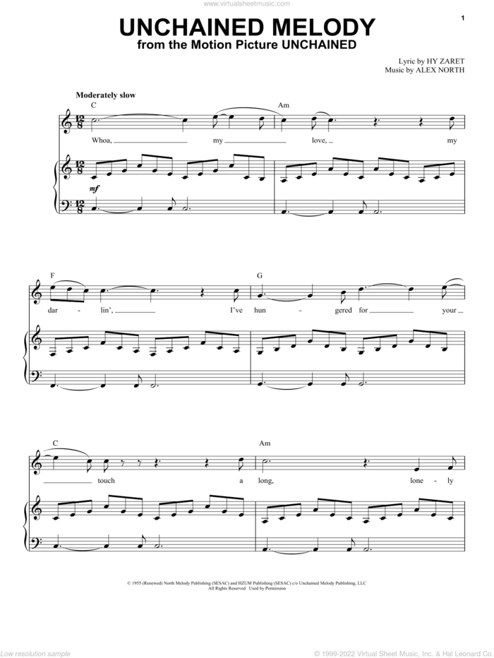 Unchained Melody sheet music for voice and piano by The Righteous Brothers, Al Hibbler, Elvis Presley, Les Baxter, Alex North and Hy Zaret, wedding score, intermediate skill level