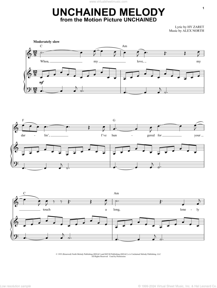 Unchained Melody sheet music for voice and piano by The Righteous Brothers, Al Hibbler, Elvis Presley, Les Baxter, Alex North and Hy Zaret, wedding score, intermediate skill level