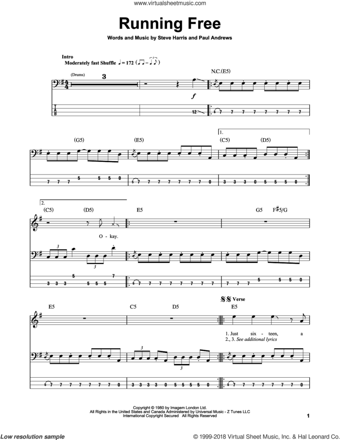 Running Free sheet music for bass (tablature) (bass guitar) by Iron Maiden, Paul Andrews and Steve Harris, intermediate skill level