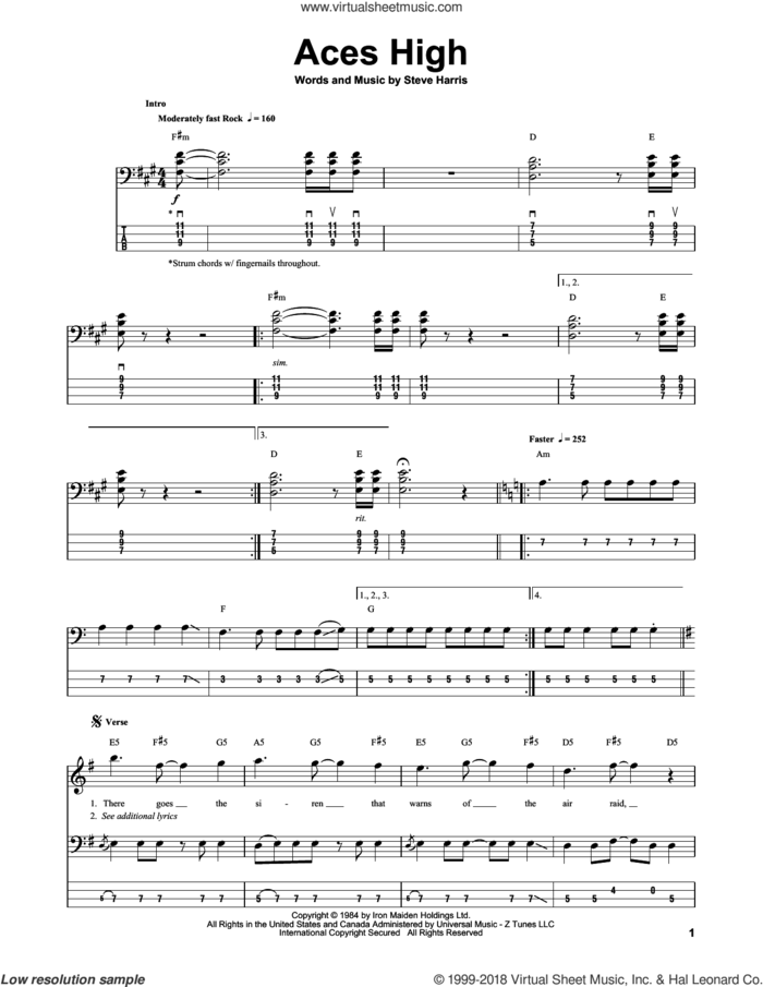 Aces High sheet music for bass (tablature) (bass guitar) by Iron Maiden and Steve Harris, intermediate skill level
