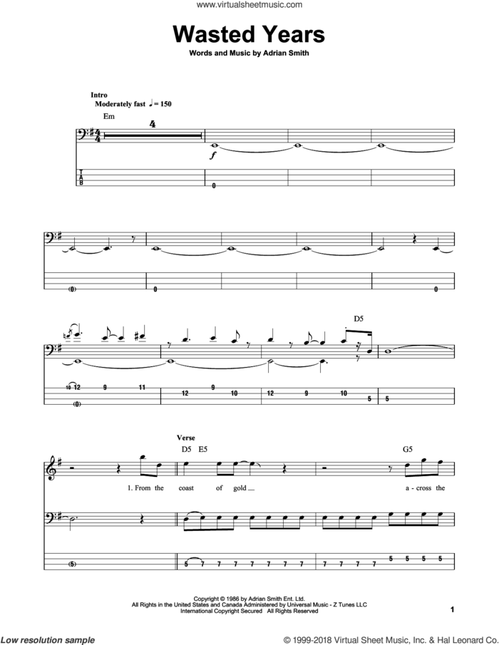 Wasted Years sheet music for bass (tablature) (bass guitar) by Iron Maiden and Adrian Smith, intermediate skill level
