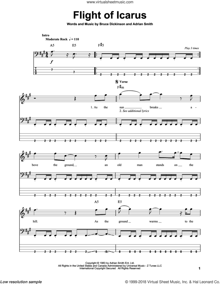 Flight Of Icarus sheet music for bass (tablature) (bass guitar) by Iron Maiden, Adrian Smith and Bruce Dickinson, intermediate skill level