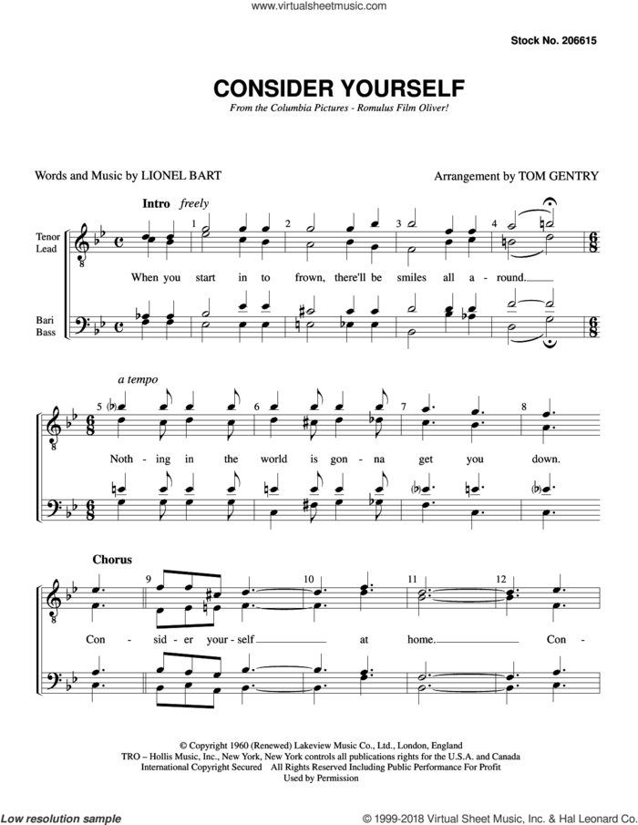 Consider Yourself (from Oliver) (arr. Tom Gentry) sheet music for choir (TTBB: tenor, bass) by Lionel Bart and Tom Gentry, intermediate skill level