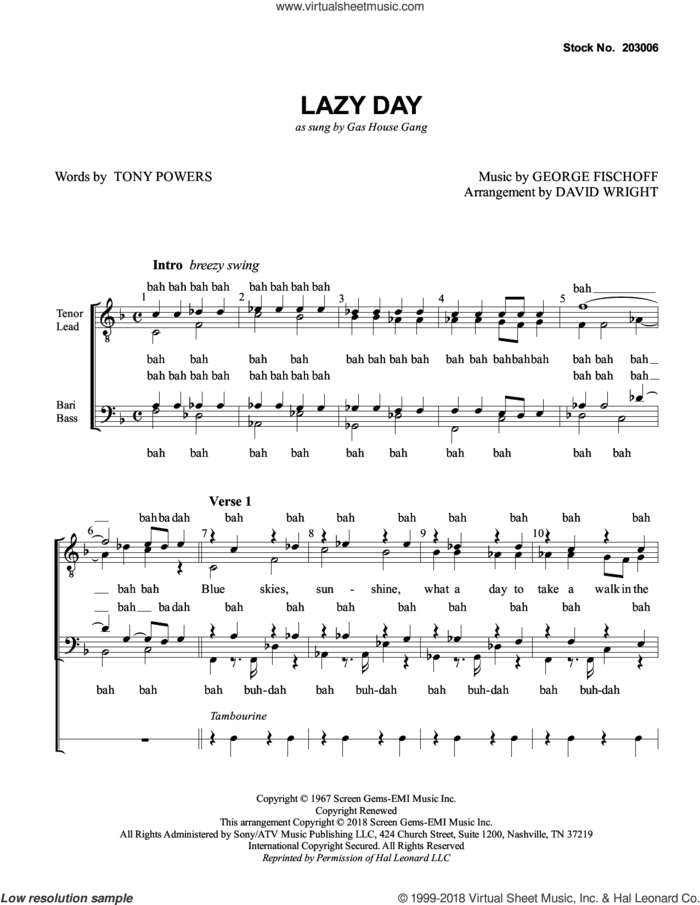 Lazy Day (arr. David Wright) sheet music for choir (TTBB: tenor, bass) by The Gas House Gang, David Wright, Spanky & Our Gang, George Fischoff and Tony Powers, intermediate skill level