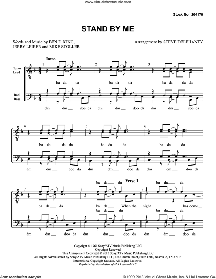 Stand By Me (arr. Steve Delehanty) sheet music for choir (TTBB: tenor, bass) by Ben E. King, Steve Delehanty, Jerry Leiber and Mike Stoller, intermediate skill level