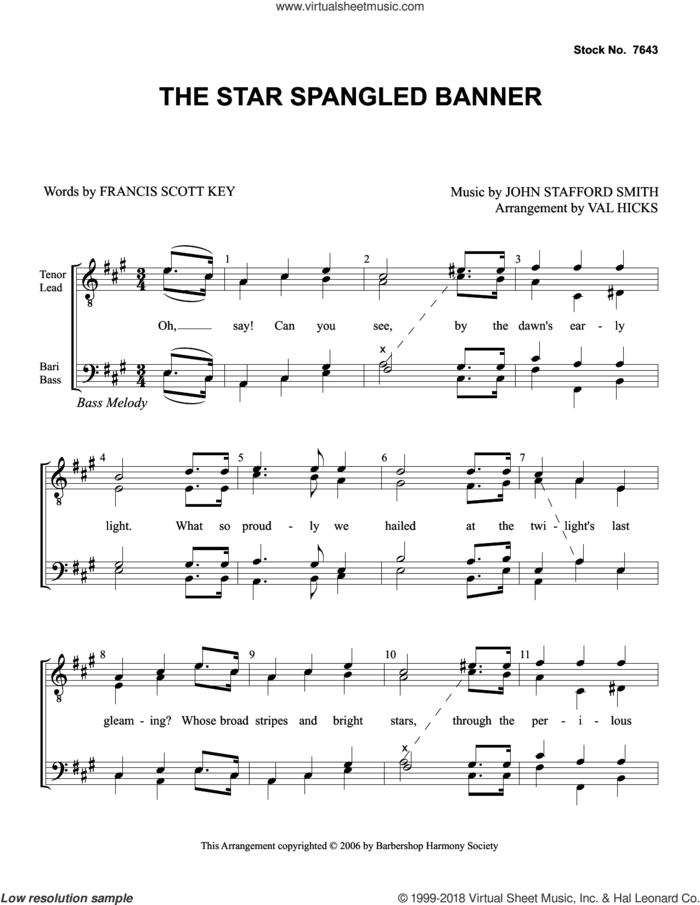 Star Spangled Banner (arr. Val Hicks) sheet music for choir (TTBB: tenor, bass) by John Stafford Smith, Val Hicks and Francis Scott Key, intermediate skill level