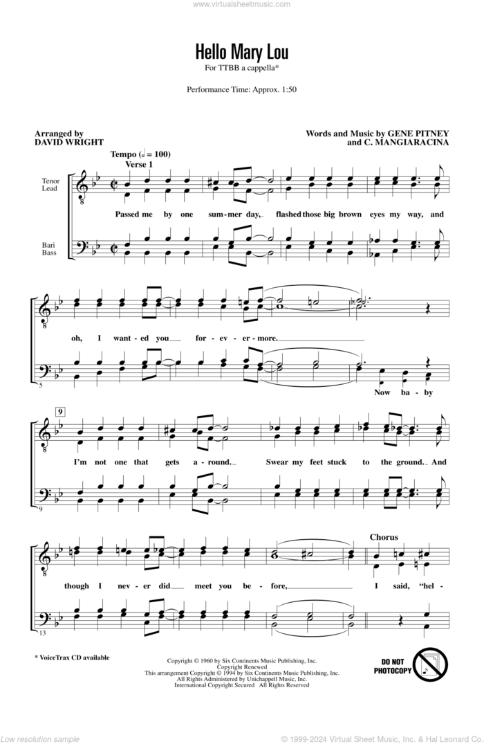 Hello Mary Lou (arr. David Wright) sheet music for choir (TTBB: tenor, bass) by Ricky Nelson, David Wright, Statler Brothers, C. Mangiaracina and Gene Pitney, intermediate skill level