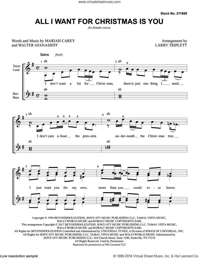 All I Want For Christmas Is You (arr. Larry Triplett) sheet music for choir (SSAA: soprano, alto) by Mariah Carey, Larry Triplett and Walter Afanasieff, intermediate skill level
