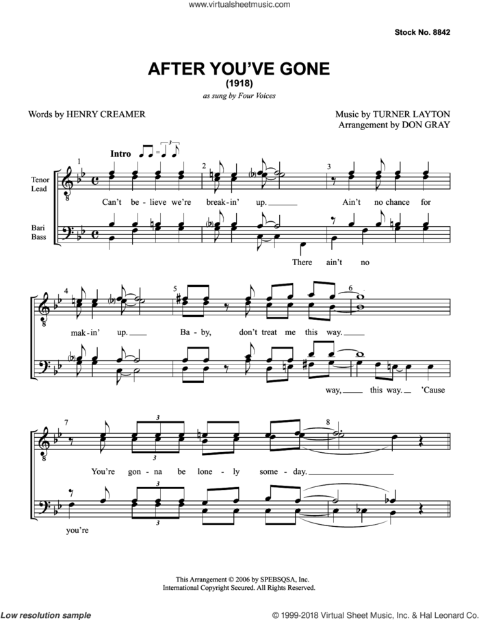 After You've Gone (arr. Don Gray) sheet music for choir (TTBB: tenor, bass) by Four Voices, Don Gray, Sophie Tucker, Henry Creamer and Turner Layton, intermediate skill level