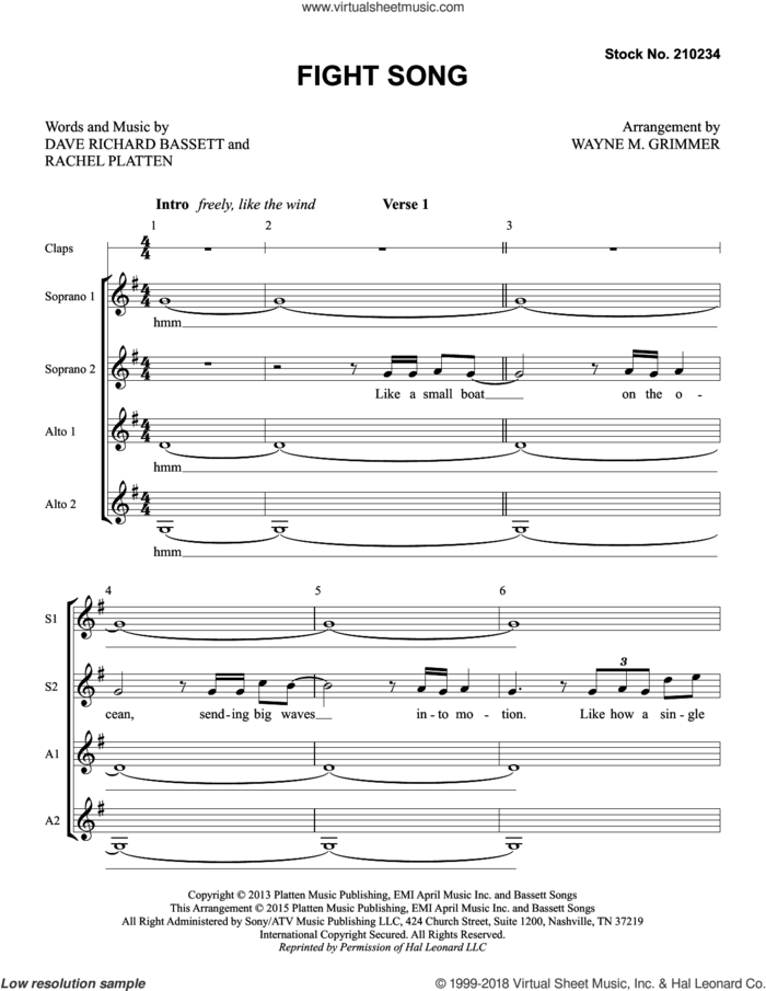 Fight Song (arr. Wayne Grimmer) sheet music for choir (SSAA: soprano, alto) by Rachel Platten, Wayne Grimmer and Dave Bassett, intermediate skill level