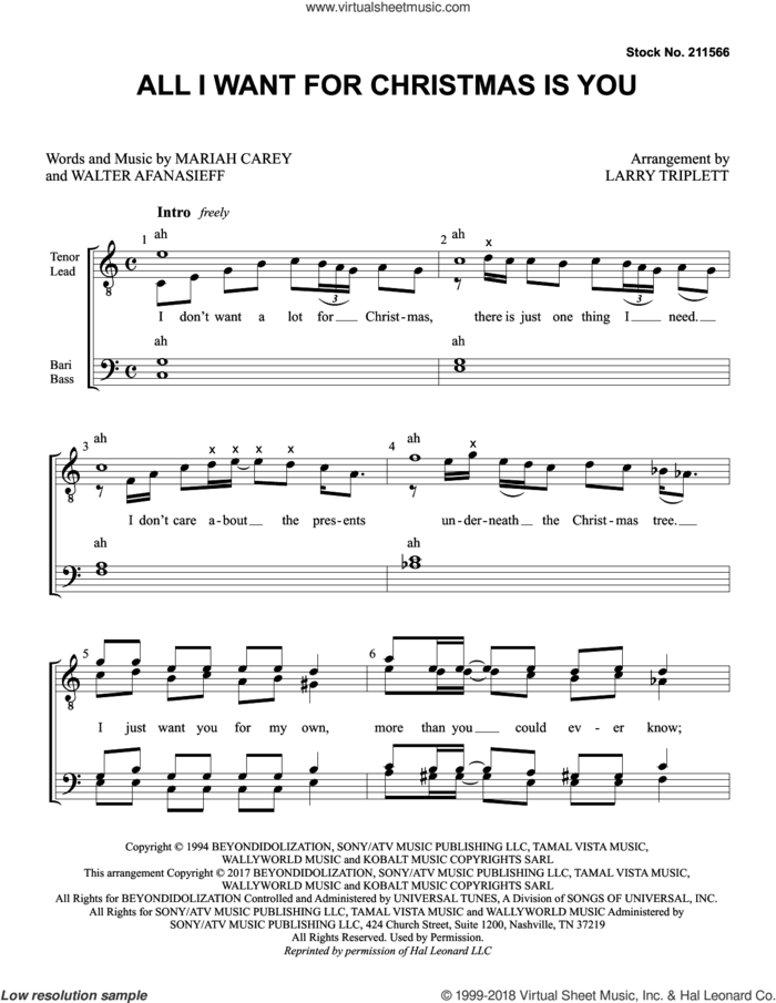 All I Want For Christmas Is You (arr. Larry Triplett) sheet music for choir (TTBB: tenor, bass) by Mariah Carey, Larry Triplett and Walter Afanasieff, intermediate skill level