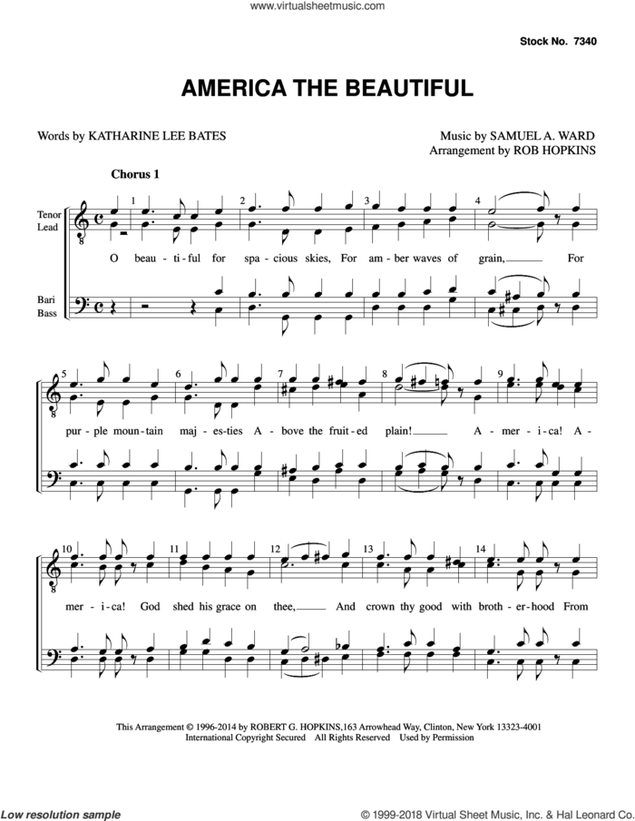 America, the Beautiful (arr. Rob Hopkins) sheet music for choir (TTBB: tenor, bass) by Samuel Augustus Ward, Rob Hopkins and Katherine Lee Bates, intermediate skill level